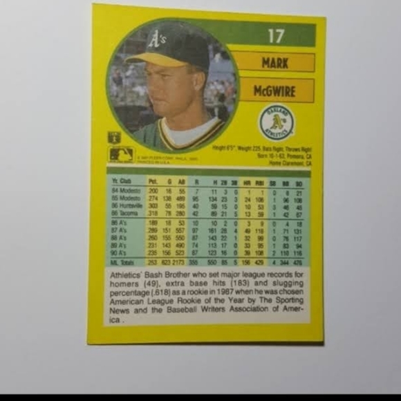 1991 Fleer Mark McGwire MLB Trading Card #17 Error Card - Picture 3 of 3